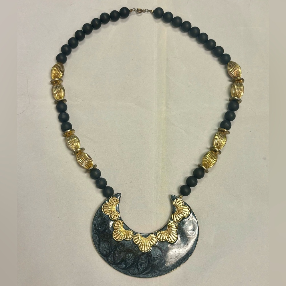 Vintage Statement Necklace – Black Beaded & Gold Crescent Pendant, Bold Modern